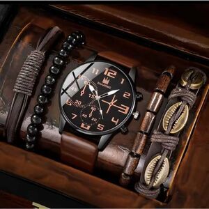 Men's Watch And Bracelet Set Leather beaded layered brown new e87